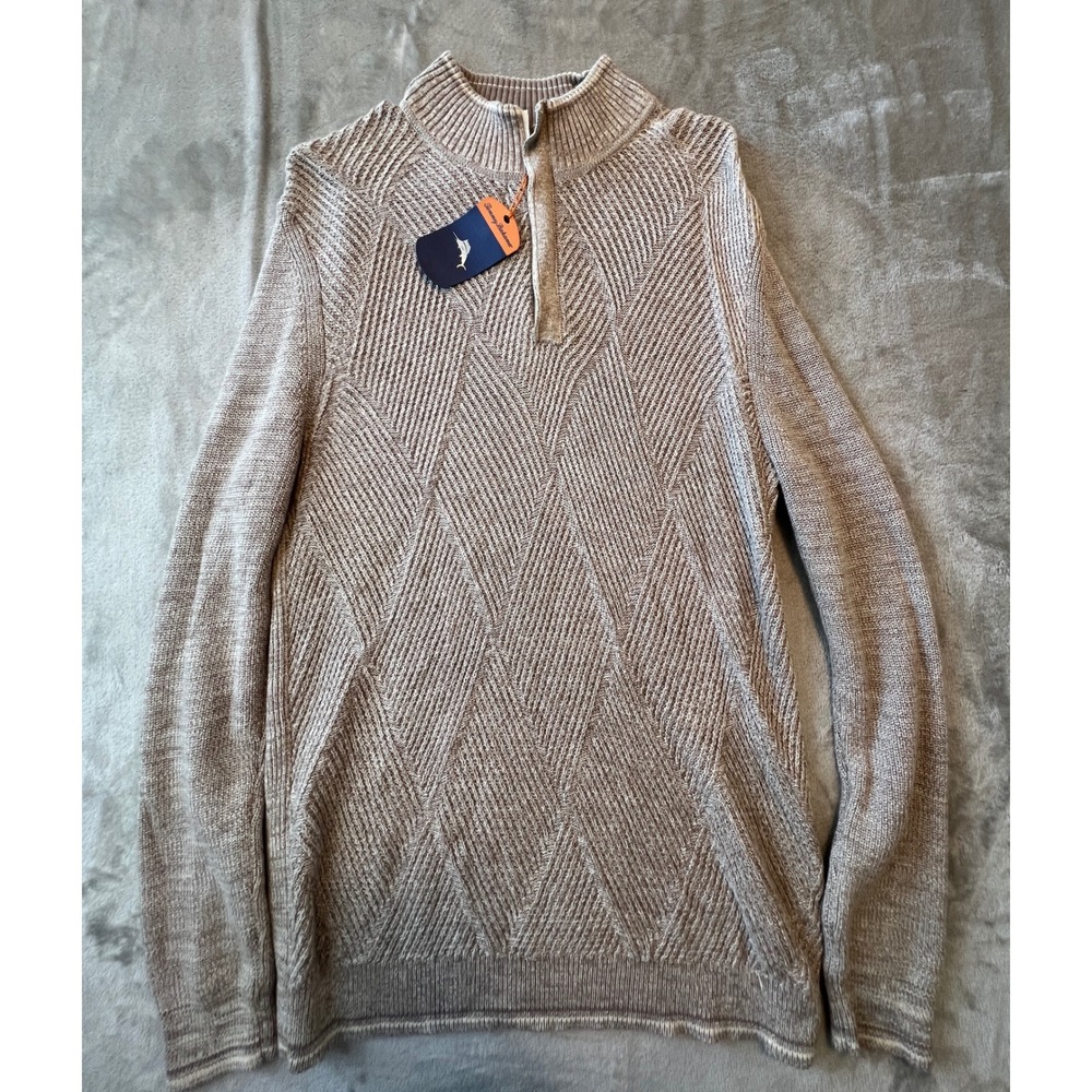 Tommy Bahama Sweater Mens Small Tan 1/4 Zip Mock Neck 100% Pima Cotton Diamond